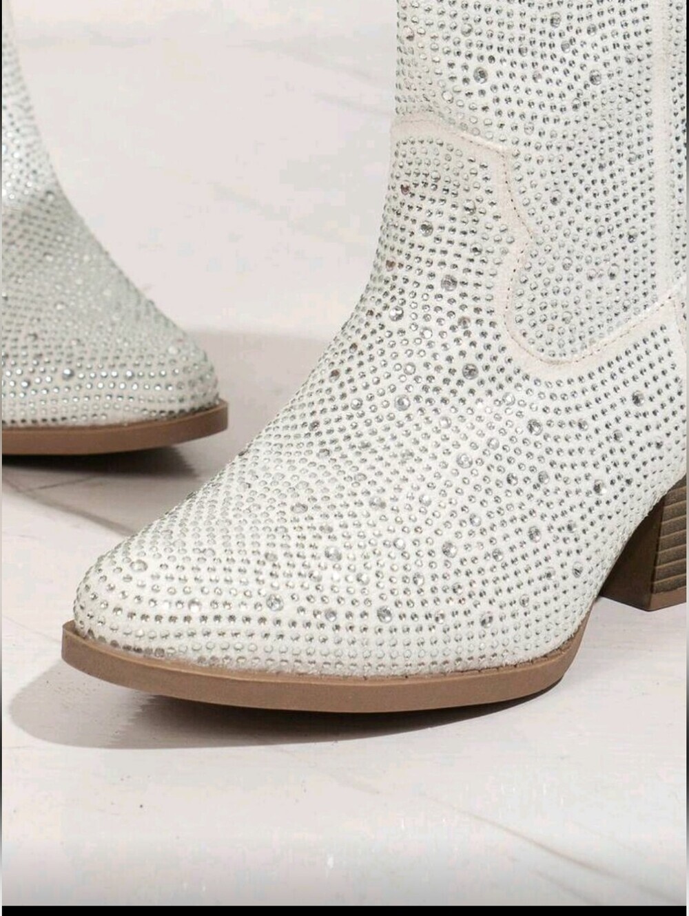 Black/White Rhinestone Western Boots For Women, Mid Calf Chunky Heel Pointed Toe - Picture 6 of 6